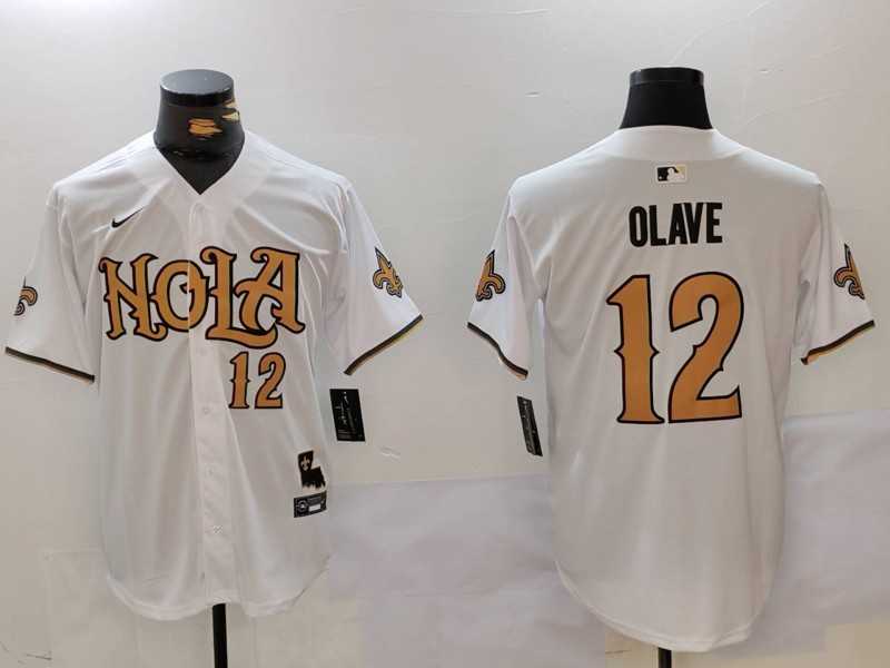 Mens New Orleans Saints #12 Chris Olave Number White Nola Baseball Jersey